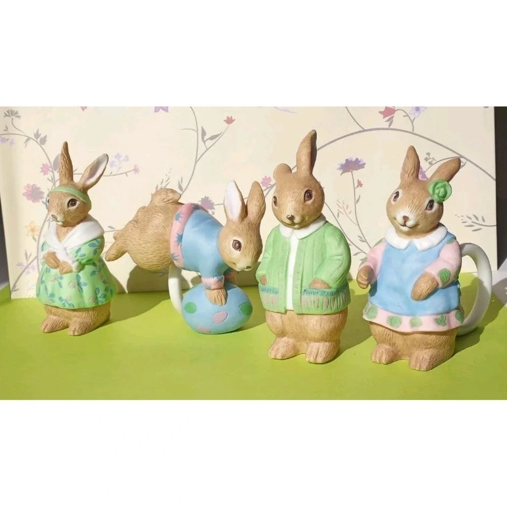 Vtg Bunny Rabbit Napkin Rings Boy‎ Girl Easter Spring Table Decor 4 pc Bisque